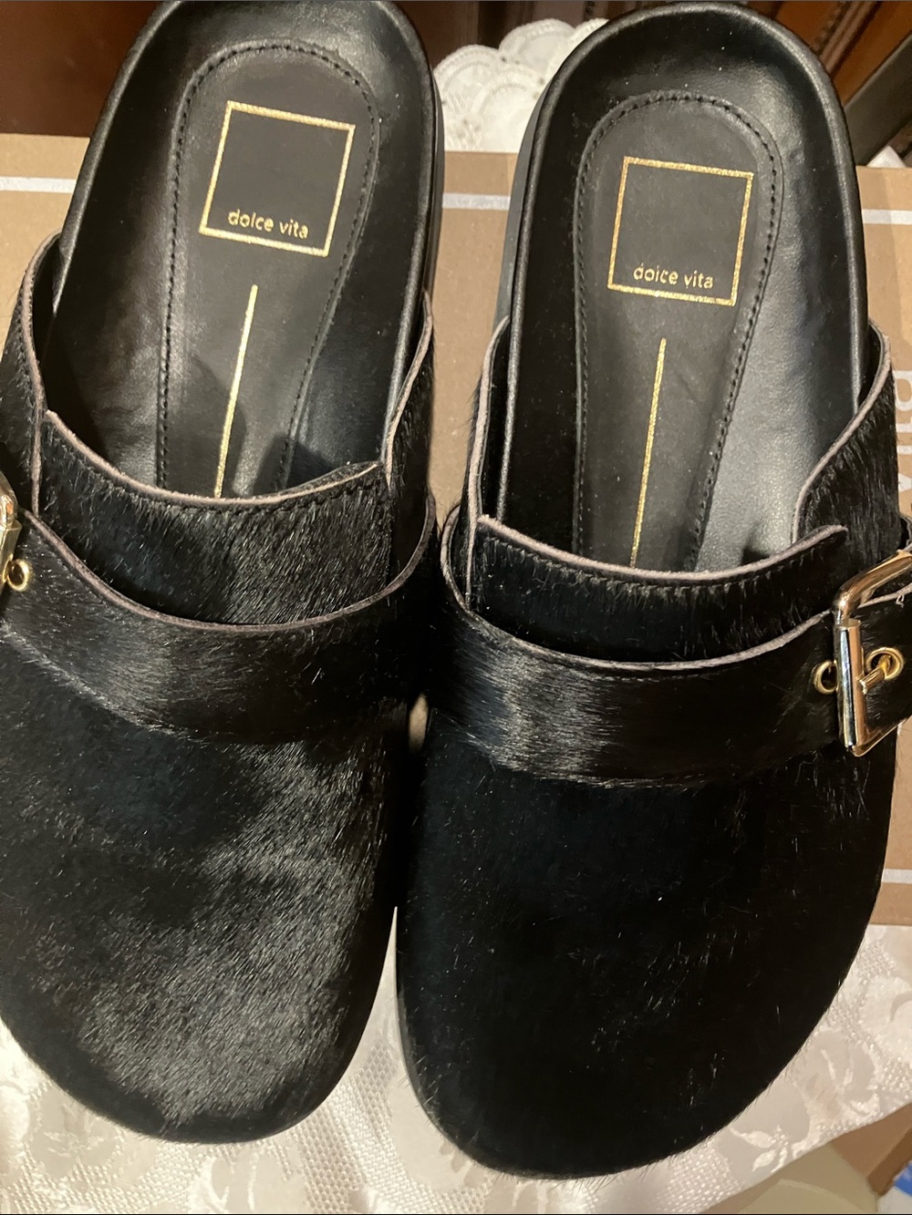 Dolce Vita Black calf Hair Slip-On Mules with Gold Buckle